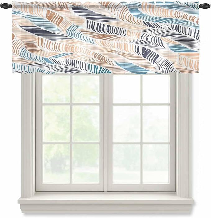 Abstract Stripes Sheer Valance Curtains, Brown Blue Gradient Wavy Lines Leaf Texture Light Filtering Kitchen Valances Rod Pocket Voile Curtain Window Treatment for Bedroom/Living Room/Basement 42Wx18L