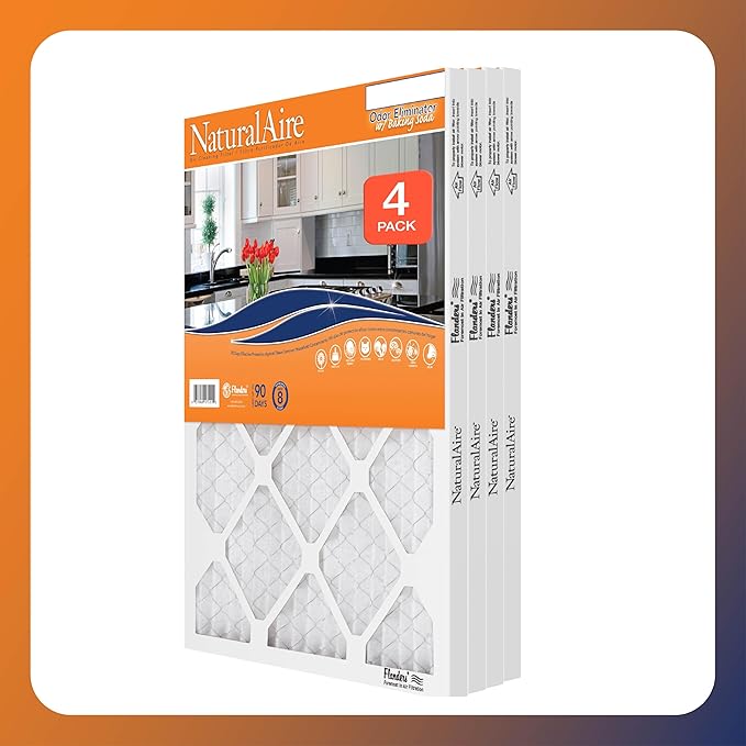 NaturalAire 20x20x1 Pleated Air Filter - Odor Eliminator with Baking Soda, 4-Pack of MERV 8. Controls Household Odors and Traps Harmful Airborne Particles, Lasting Up To 90 Days. 84857.012020