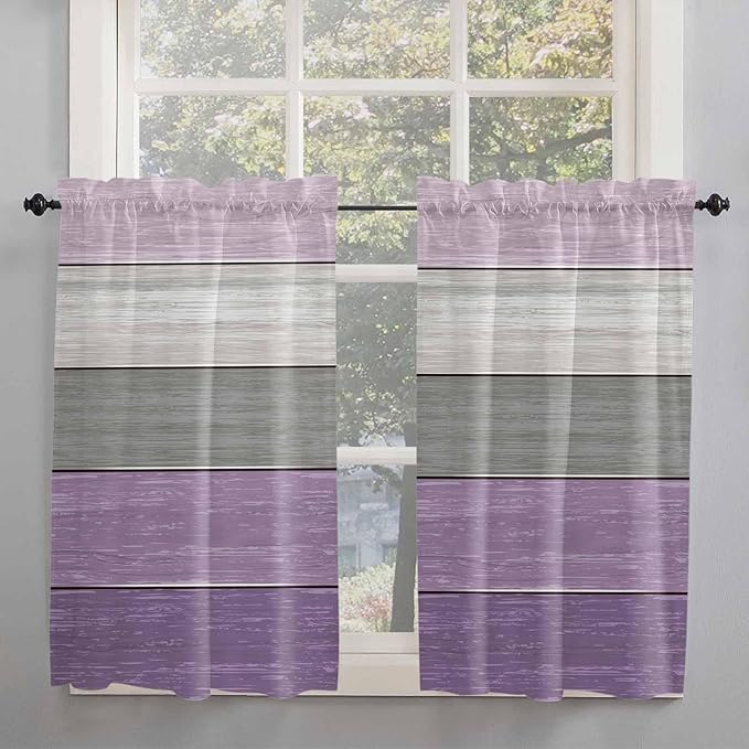 Country Wood Board Gray Purple Window Valance Curtains, Farmhouse Gradient Plank Light Filtering Kitchen Valance with 3-inch Rod Pocket for Living Room Bathroom Bedroom,2 Panel,52x54In