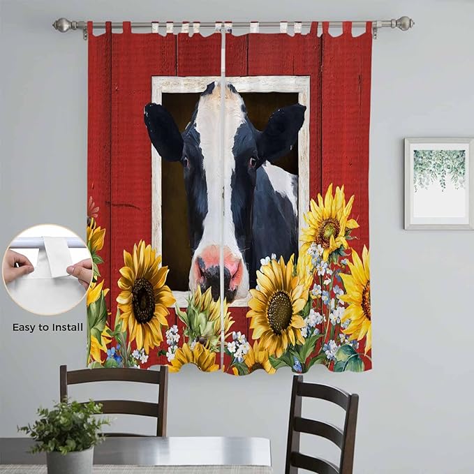 Cow Sunflowers Living Room Curtains 96 Inch Length, Window Curtains Tab Top, Botanical Floral Leaves Bees Farm Barn Light Filtering Window Treatments Drapes 52"x96" 2 Panel