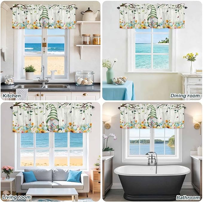 Easter Gnomes Curtain Valances for Windows, Kitchen Valance Window Treatment, Spring Watercolor Eggs Flower Wood Grain Light Filtering Block Curtains for Bathroom/Bedroom/Living Room 60'' x 18''