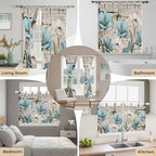 Teal Blue Tulips Kitchen Curtains 24 Inch Length, Small Window Curtains Tab Top, Spring Floral Barn Doors Vintage Wood Beige Light Filtering Short Window Treatments Tier Drapes 27.5"x24" 2 Panel