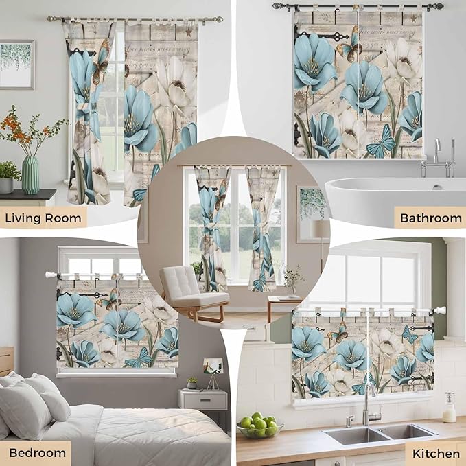 Teal Blue Tulips Bedroom Curtains 63 Inch Length, Window Curtains Tab Top, Spring Floral Barn Doors Vintage Wood Beige Light Filtering Window Treatments Drapes 42"x63" 2 Panel