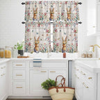 Kitchen Curtains Tiers and Valance Set of 3, Easter Light Filtering Window Curtain Set, Spring Bunny Butterfly Botanical Wooden Grain Rod Pocket Curtain Drapes for Cafe, Living Room, 24 Inches Tiers