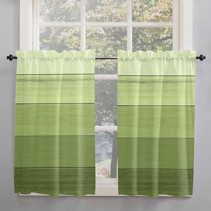 Gradient Green Wooden Board Window Valance Curtains, Retro Country Wood Grain Light Filtering Kitchen Valance with 3-inch Rod Pocket for Living Room Bathroom Bedroom,2 Panel,27.5x45In
