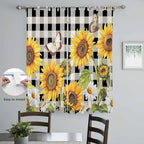 Sunflowers Living Room Curtains 96 Inch Length, Window Curtains Tab Top, Yellow Flowers Butterfly Farmhouse Black Plaid Light Filtering Window Treatments Drapes 52"x96" 2 Panel
