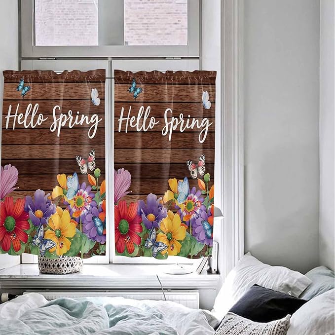 Spring Flowers Kitchen Curtains 45 Inches length, Watercolor Farmhouse Colorful Wooden Grain Window Treatment Curtain Drapes, Lightweight Window Panels for Living Room Bedroom, 52"x45", 2 Panels