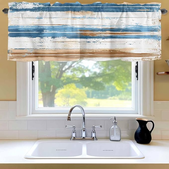 Vintage Blue Valances for Windows, Brown Wood Grain Mottled Texture Abstract Art Kitchen Valance Light Filtering Rod Pocket Short Curtains for Kitchen Bathroom, 1 Panel, 42"x18"