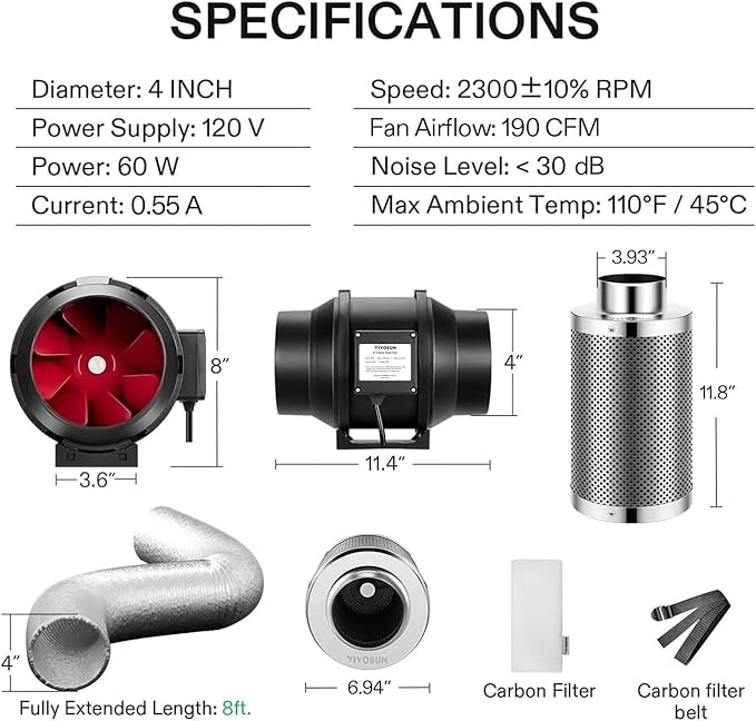 VIVOSUN Grow Tent Ventilation System, 4 Inch Inline Duct Fan with Speed Controller, 4'' Carbon Filter, and 8ft. Ducting Combo, Air Cooling and Filtration Kit for Grow Tent, Hydroponics (Pack of 2)