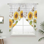 Yellow Sunflowers Swag Valances for Windows, Vintage Country Flowers Butterfly Wood Board Rod Pocket Kitchen Curtains Valance, Small Window Curtains Swag for Cafe Living Room, 2 Panels, 36x36 inch