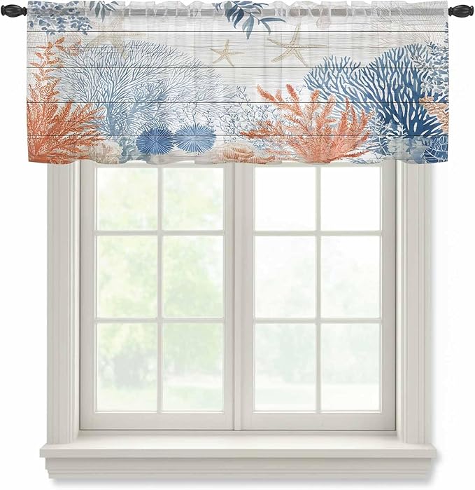 Ocean Corals Sheer Valance Curtains, Summer Beach Coral Sea Stars Wood Grain Light Filtering Kitchen Valances Rod Pocket Voile Curtain Window Treatment for Bedroom/Living Room/Basement 42Wx18L