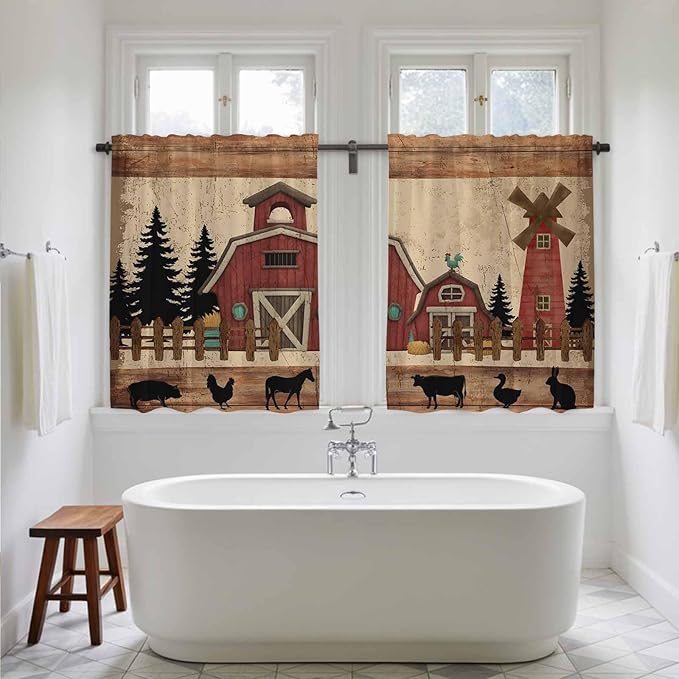 Brown Farmhouse Kitchen Curtains, Vintage Country Animals Wooden Grain Light Filtering Window Curtain Panels, 2Pcs Rod Pocket Window Treatments Set for Study Room Bathroom Bedroom 52x54 Inches
