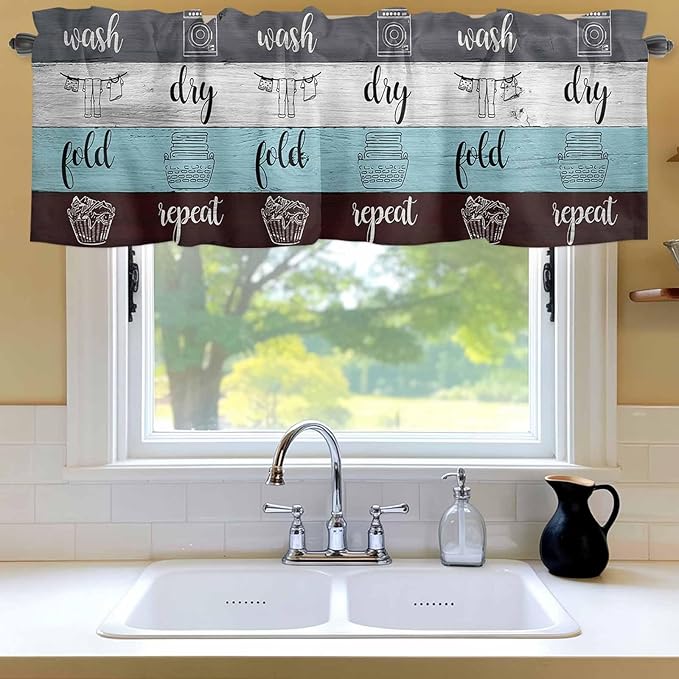 Laundry Rules Valances for Windows, Retro Blue White Wood Board Grain Kitchen Valance Light Filtering Rod Pocket Short Curtains for Kitchen Bathroom, 1 Panel, 60"x14"