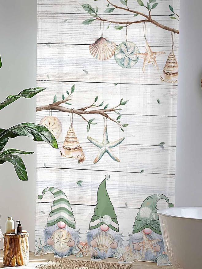 Sheer Curtains 108 Inches Long, Sage Green Gnomes Semi Sheer Curtains Light Filtering Window Treatment, Eucalypus Coastal Anchor Retro Wood Privacy Voile Drapes for Living Room Bedroom 52x108 Inch