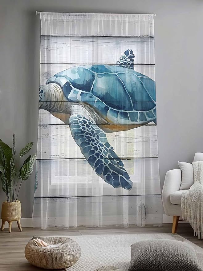 Sheer Curtains 108 Inches Long, Sea Turtle Blue Semi Sheer Curtains Light Filtering Window Treatment, Coastal Ocean Seaweed Wood Grain Privacy Voile Drapes for Living Room Bedroom 52x108 Inch