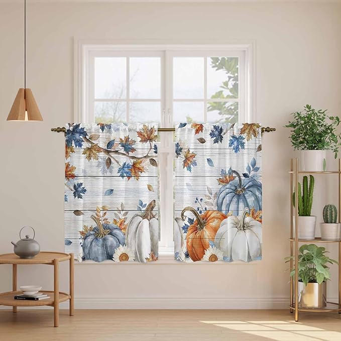 Thanksgiving Pumpkin Kitchen Curtains 54 Inch Long 2 Panel Set, Rod Pocket Window Curtains Panels, Fall Maple Leaf Daisy Wooden Grain Light Filtering Privacy Draperies for Bedroom Laundry 42"W x 54"L