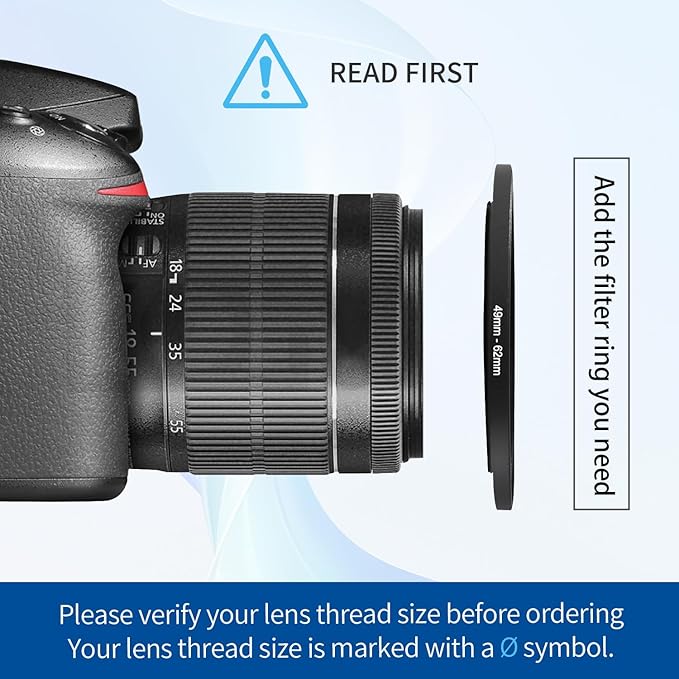 49-62mm Step-Up Ring Adapter, 49mm to 62mm Step Up Filter Ring for 49mm Lens Mount 62mm for DSLR Lenses and ND UV CPL IR Filters （49-62mm）