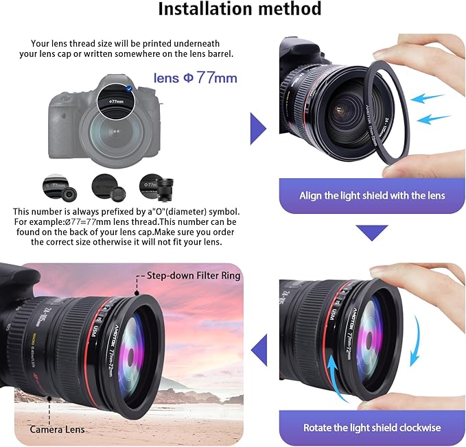 77mm Lens to 72mm Camera Lens Adapter,77mm to 72mm Filter Step-Down Ring Adapter Ring,Compatible All 72mm Filter Accessory