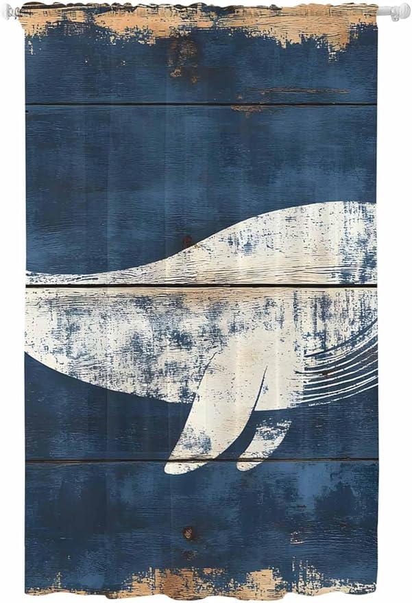 Sheer Curtains 96 Inches Long, Ocean Whale Blue Semi Sheer Curtains Light Filtering Window Treatment, Summer Sea Vintage Wooden Grain Privacy Voile Drapes for Living Room Bedroom 52x96 Inch