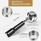 51mm Bottomless Portable Filter, 2 Ears, With 304 Stainless Steel Filter Basket, Compatible for Delong Ecp3420, Ec155, Bco430, Ec260, Ecp3120