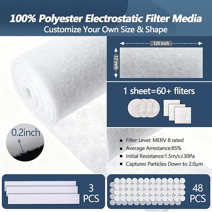 Air Vent Filters,12"x120"Cut to Fit Air Filter Material (60+Filters),MERV 8 Electrostatic Air Vent Filter for Home Floor, Grilles, Ceiling, HVAC Furnace Vents, With 48PCs Adhesive Hook Tape