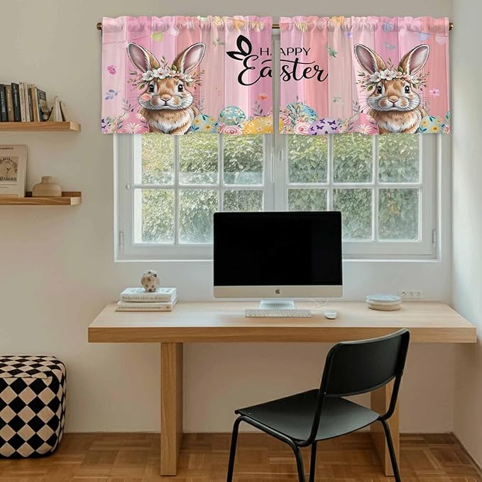 Easter Tier Curtains, Spring Rabbit Eggs Flowers Flags Leaves Wood Grain Light Filtering Kitchen Curtains, 2Pcs Rod Pocket Half Window Treatments Panels for Sink Cafe Cabinet Camper 27.5x36 Inches