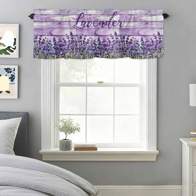 Kitchen Valances for Window, Retro Lavender on Farm Wood Grain Light Filtering Rod Pocket Valance Curtain, Watercolor Purple Flowers Short Curtains Window Topper for Bedroom Living Room 54x18in