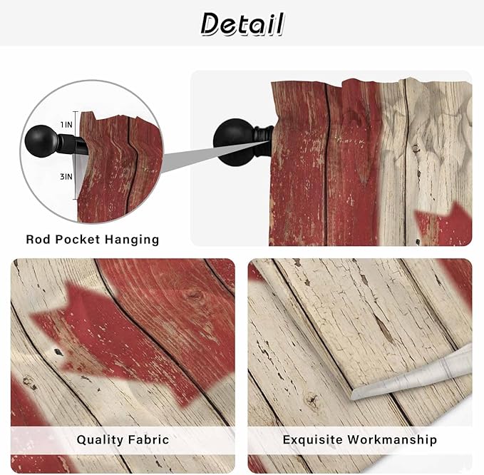Canada Kitchen Curtains, Red Maple Leaf Flag Vintage Farmhouse Wooden Grain Light Filtering Window Curtain Panels, 2Pcs Rod Pocket Window Treatments Set for Living Room Bathroom Bedroom 42x63 Inches