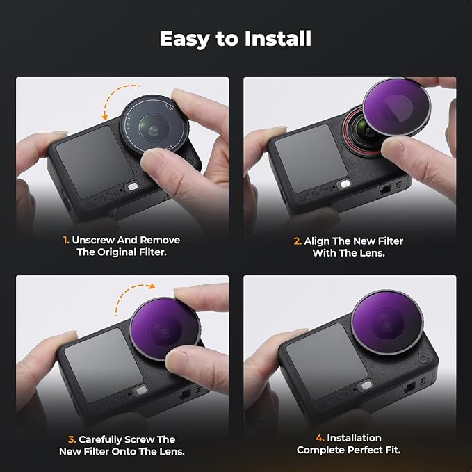 K&F CONCEPT ND Filter Kit Compatible with DJI Osmo Action 6, 4 Pack CPL ND8 ND16 ND32 Screw On Polarizing Neutral Density Filters HD Optical Glass/Multi-Coated Action Camera Accessories