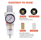 RIH 1/4" NPT Compressed Air Filter Regulator Combo Piggyback, 5 Micron Brass Element, Poly Bowl, Semi-Auto Drain, Metal Bracket, 0-150 psi Gauge Air Tool Compressor Filter with Gauge (1/4" NPT)