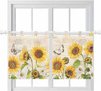 Yellow Sunflowers Kitchen Curtains 24 Inch Length, Small Window Curtains Tab Top, Country Farm Butterfly Flower Light Beige Light Filtering Short Window Treatments Tier Drapes 27.5"x24" 2 Panel