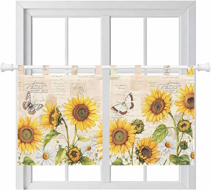 Yellow Sunflowers Kitchen Curtains 24 Inch Length, Small Window Curtains Tab Top, Country Farm Butterfly Flower Light Beige Light Filtering Short Window Treatments Tier Drapes 27.5"x24" 2 Panel