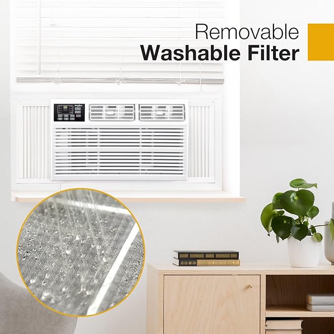 Whirlpool 8,000 BTU Window Air Conditioner with Supplemental Heat, Window Mounted AC Unit with Heater for Apartment, Living Room, Bedroom, Rooms up to 350 Square Feet