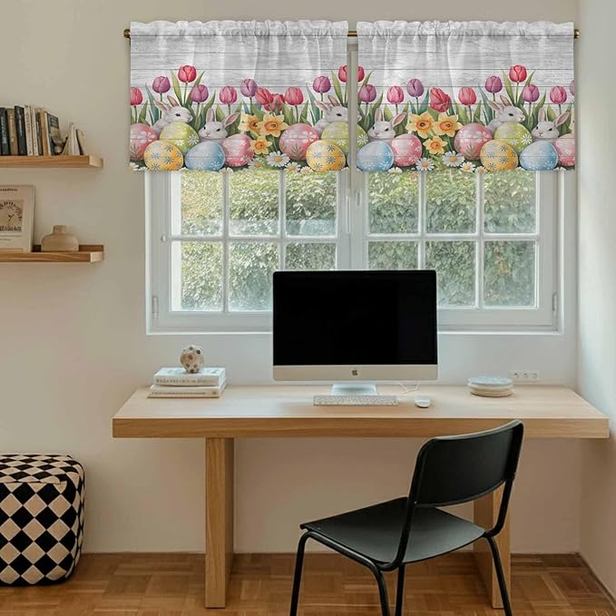 Easter Kitchen Tier Curtains 36 Inch Long 2 Panel Set,Rod Pocket Half Window Curtains Over Sink,Retro Spring Bunny Eggs Tulip Farm Wooden Grain Light Filtering Short Drapes Cafe 27.5"W x 36"L