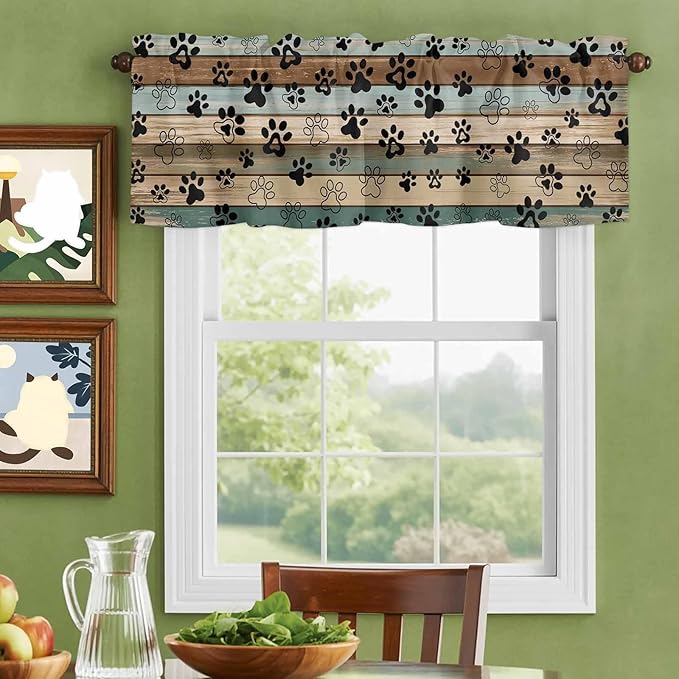 Dog Paws Valance Curtains for Kitchen, Teal Brown Wood Grain Privacy Rod Pocket Valance Curtain, Light-Filtering Window Treatment for Bedroom Bathroom, 60"x14"