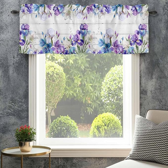 Spring Flowers Curtain Valances for Windows, Kitchen Valance Window Treatment, Watercolor Garden Florals Wooden Grain Light Filtering Block Curtains for Bathroom/Bedroom/Living Room 54'' x 18''