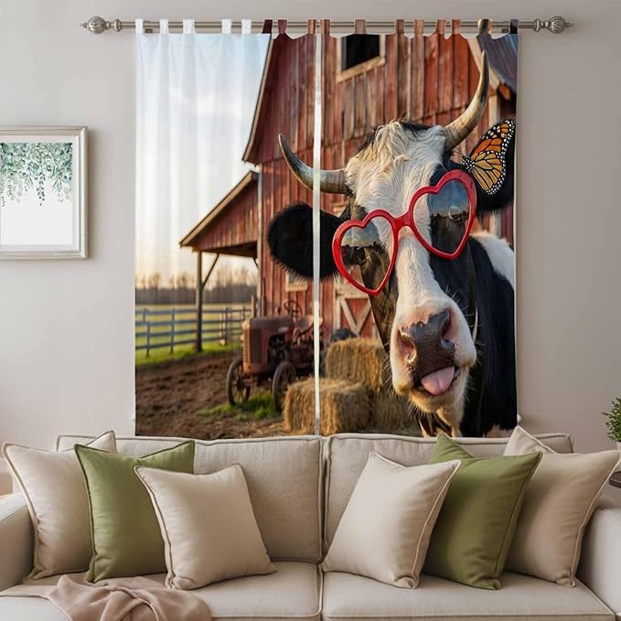 Farm Cows Living Room Curtains 84 Inch Length, Window Curtains Tab Top, Farmhouse Barn Funny Animals Butterfly Light Filtering Window Treatments Drapes 52"x84" 2 Panel