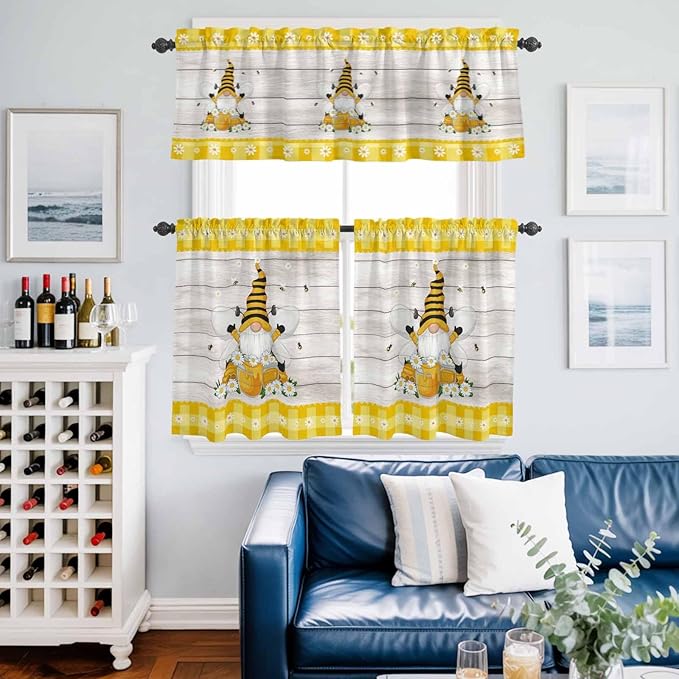 Yellow Gnomes Kitchen Curtains Set 3 Piece for Windows, Rod Pocket Valance and Tier Set 24 Inch Length, Spring Bees Daisy Plaid Wooden Grain Light Filtering Cafe Curtains for Living Room Bathroom