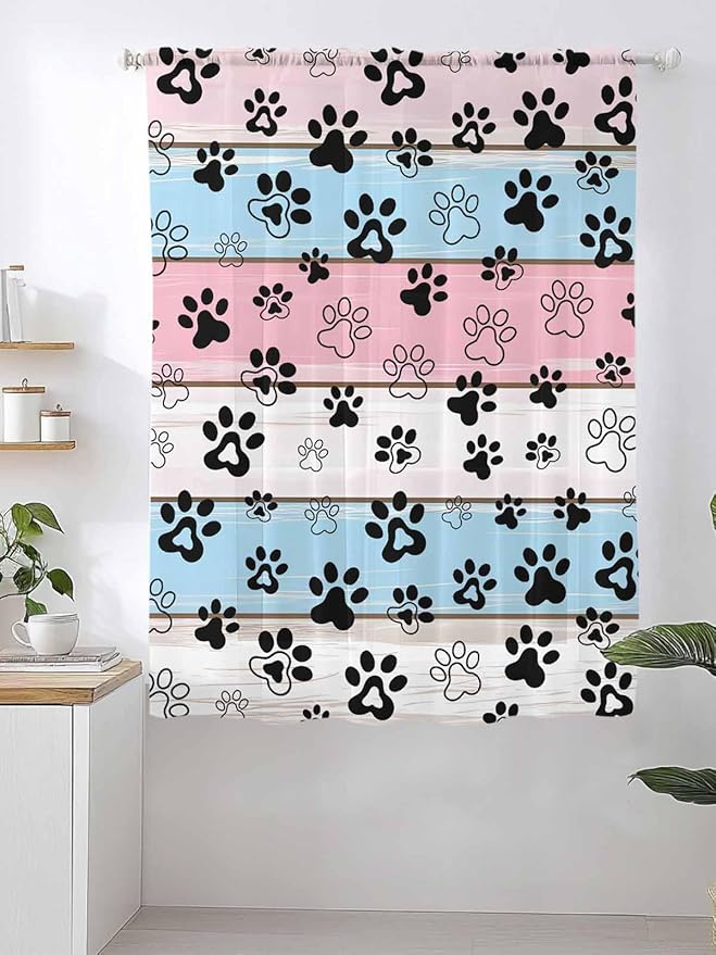 Sheer Curtains 72 Inches Long, Pink Blue Paw Print Semi Sheer Curtains Light Filtering Window Treatment, Vintage Farmhouse Wooden Grain Privacy Voile Drapes for Living Room Bedroom 52x72 Inch
