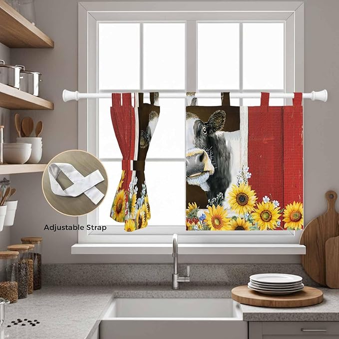 Cows Sunflowers Kitchen Curtains 24 Inch Length, Small Window Curtains Tab Top, Rustic Farms Barns Flowers Bees Animals Light Filtering Short Window Treatments Tier Drapes 27.5"x24" 2 Panel