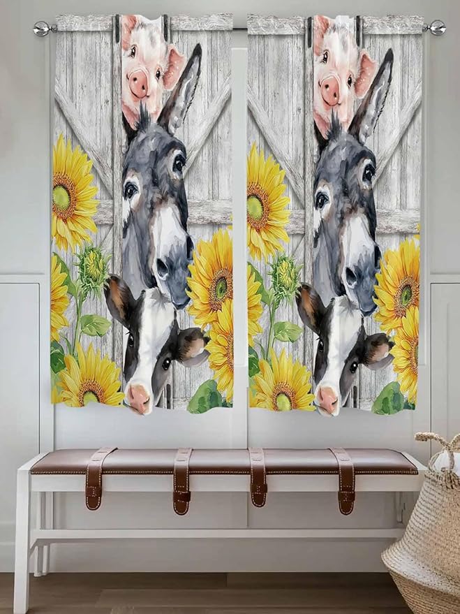 Farmhouse Bedroom Curtains 63 Inches length, Watercolor Sunflowers Animals Printed Wood Grain Window Treatment Curtain Drapes, Rod Pocket Curtain Panels for Living Room Kitchen, 42"x63", 2 Panels