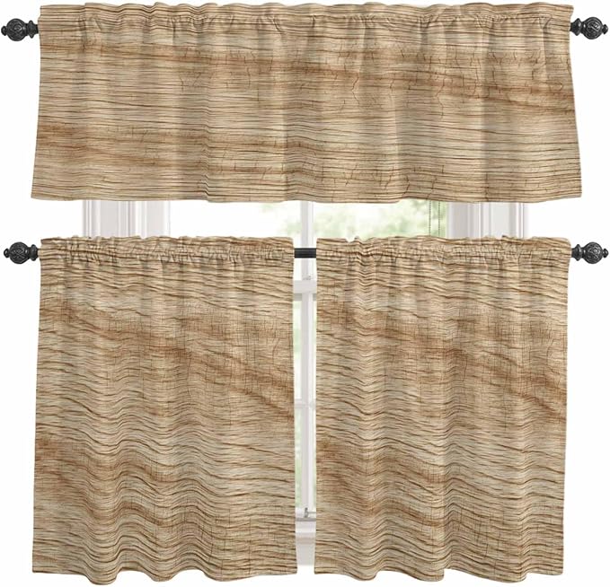 Kitchen Curtains Tiers and Valance Set of 3, Country Farmhouse Light Filtering Window Curtain Set, Vintage Brown Wooden Grain Rod Pocket Curtain Drapes for Cafe, Living Room, 36 Inches Tiers