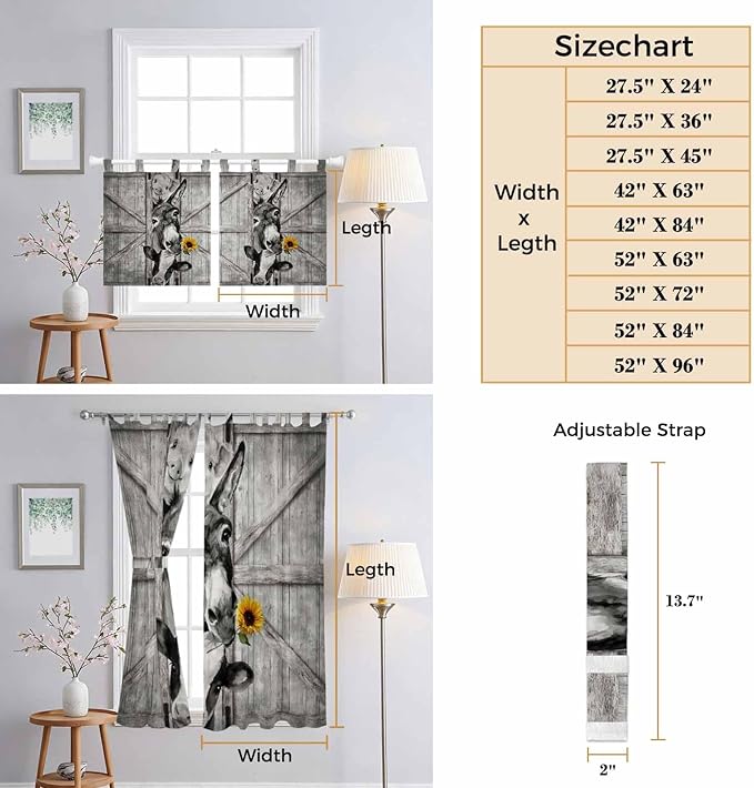 Funny Farm Animals Kitchen Curtains 45 Inch Length, Short Cafe Window Curtains Tab Top, Vintage Barn Grey Sunflowers Light Filtering Window Treatments Tier Drapes 27.5"x45" 2 Panel