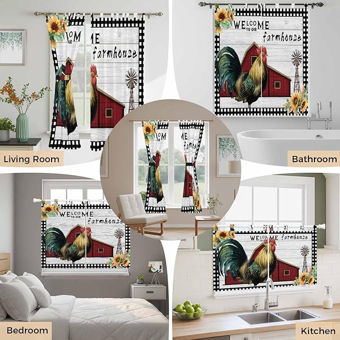 Farmhouse Rooster Living Room Curtains 84 Inch Length, Window Curtains Tab Top, Rustic Red Barn Windmill Sunflowers Light Filtering Window Treatments Drapes 52"x84" 2 Panel