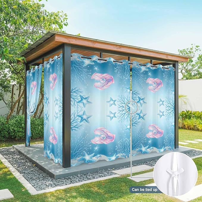 Ocean Shell Outdoor Curtains for Patio Corals Starfish Summer Marine Waterproof Outside Curtains with Grommet Top Weatherproof Curtain for Cabana Pergola Gazebo, 2 Pack, 54" W x 108" L
