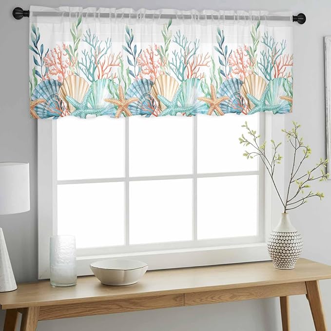 Summer Beach Sheer Valance Curtains, Ocean Colorful Coral Shell Seaweed Starfish Light Filtering Kitchen Valances Rod Pocket Voile Curtain Window Treatment for Bedroom/Living Room/Basement 42Wx12L