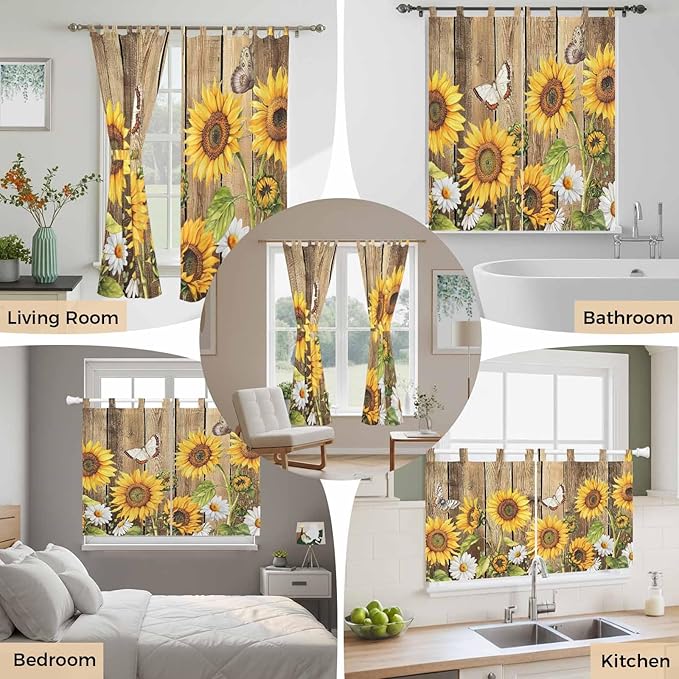 Farmhouse Sunflowers Bathroom Curtains 63 Inch Length, Window Curtains Tab Top, Rustic Floral Buttterfly Wood Board Brown Light Filtering Window Treatments Drapes 52"x63" 2 Panel
