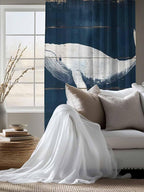 Sheer Curtains 63 Inch Length, Ocean Whale Blue Semi Sheer Curtains Light Filtering Window Treatment, Watercolor Coastal Vintage Wood Grain Privacy Voile Drapes for Living Room Bedroom 52x63 Inch