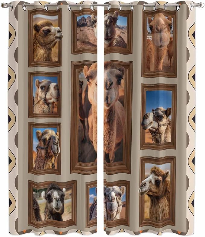 2 Panel Kitchen Cafe Curtains, Desert Camels Sunlight Filtering Nature Air Through, Home Decor Window Covering Tier Curtains for Living Room 104W x 90L inch Western Wildlife Brown Animals Country