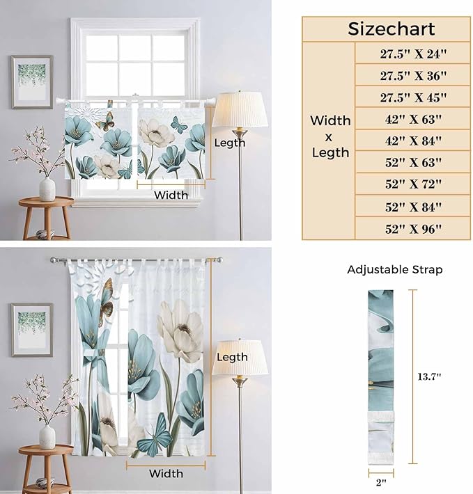 Blue Tulips Bedroom Curtains 72 Inch Length, Window Curtains Tab Top, Watercolor Flowers Butterfly Spring Farmhouse Blue Light Filtering Window Treatments Drapes 52"x72" 2 Panel